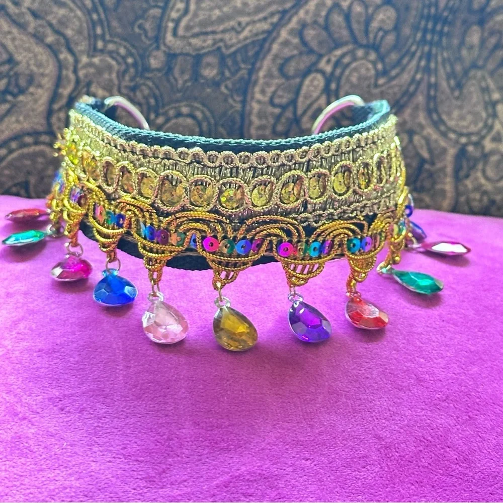 Artisan Gold Choker Multicolor Acrylic Dangle Gem Moroccan Style Handmade Signed